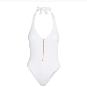 White One Piece Halter, High cut Leg with Gold Zipper - The Mykonos